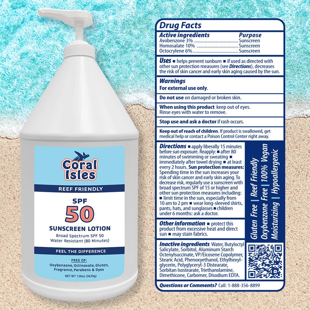 Coral Isles by Rocky Mountain Sunscreen | SPF 50 Lotion | Broad Spectrum UVA/UVB Protection | Hawaii Reef-Safe Act Compliant | Oxybenzone & Octinoxate Free | Water Resistant 80 Min. | 128 Fl Oz