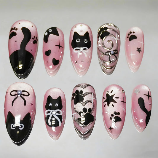 BABALAL Medium Almond Press on Nails - Pink Cat Eye Acrylic Nails with Black Cat Anime Kawaii Design, 24Pcs Cute Glossy Full Cover False Nails