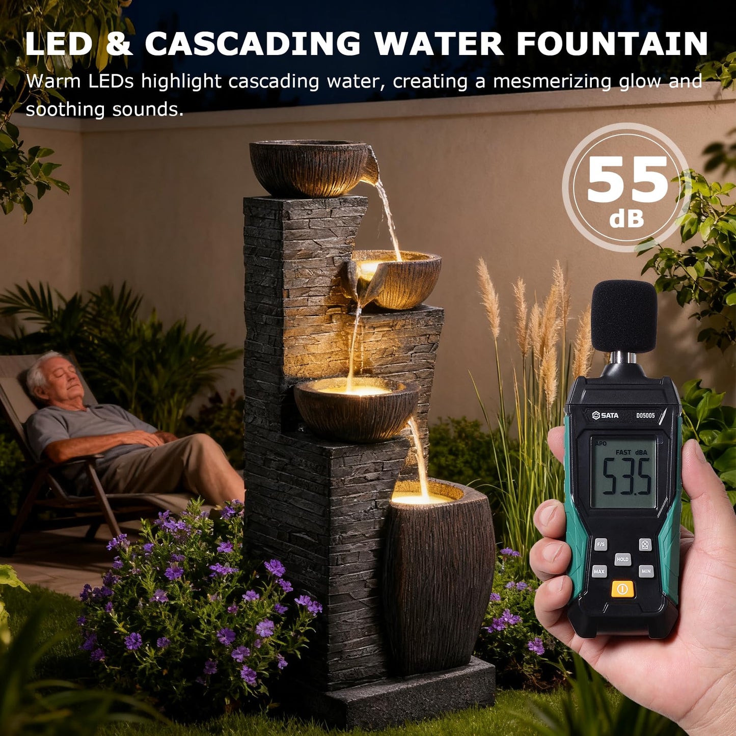 Pivotify 38.2" Tall Water Fountain Outdoor Garden,4 Tiers Modern Cascading Bowls and Stacked Stones Indoor Fountains with LED Lights for Garden, Patio, Deck, Porch, Backyard and Home Art Decor(Grey)