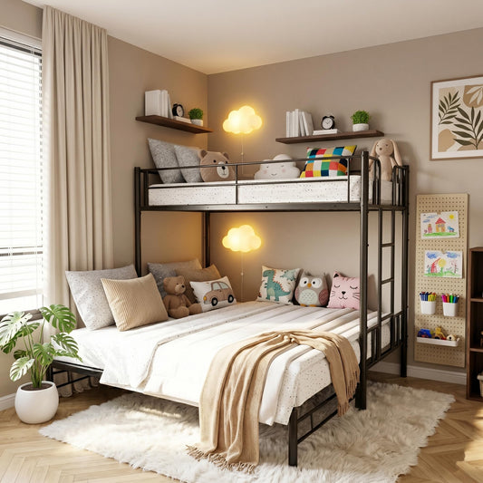 KavlSean Twin Over King Bunk Bed with Safety Guardrail, Metal Pull-Out Bunk Bed Frame with Built-in Ladder, No Box Spring Needed, Extendable Beds for Kids/Teen/Adults, Bedroom, Dorm
