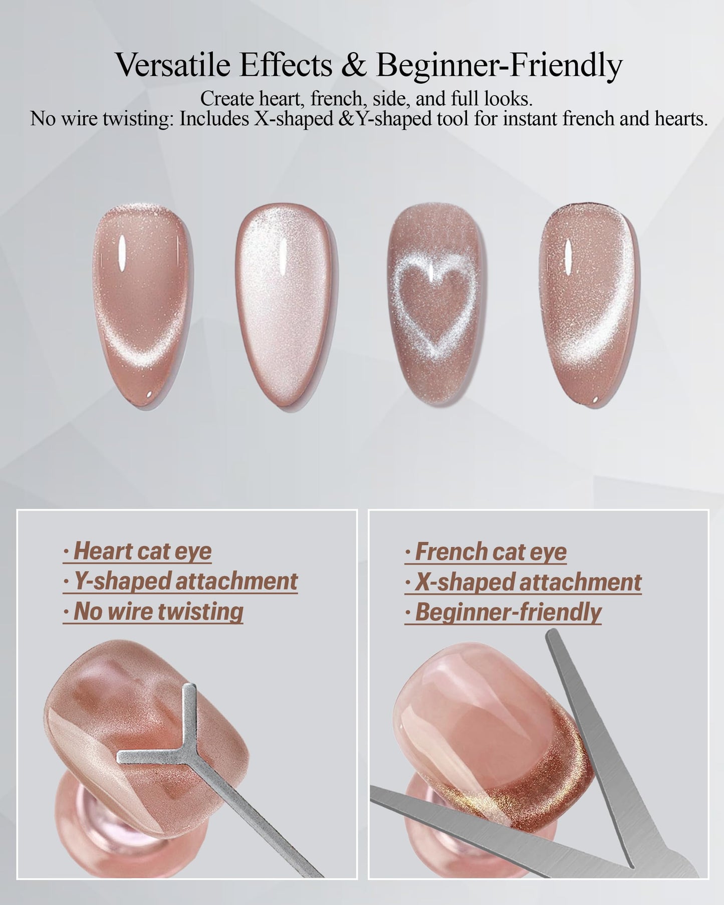 Cat Eye Magnet Set, Cat Eye Magnet for Nails, 3 in 1 Cylinder & Ball Nail Magnet Pen, Heart-Shaped & French-Shaped Magnets for Nails, Nail Art Tool, Home DIY Brown
