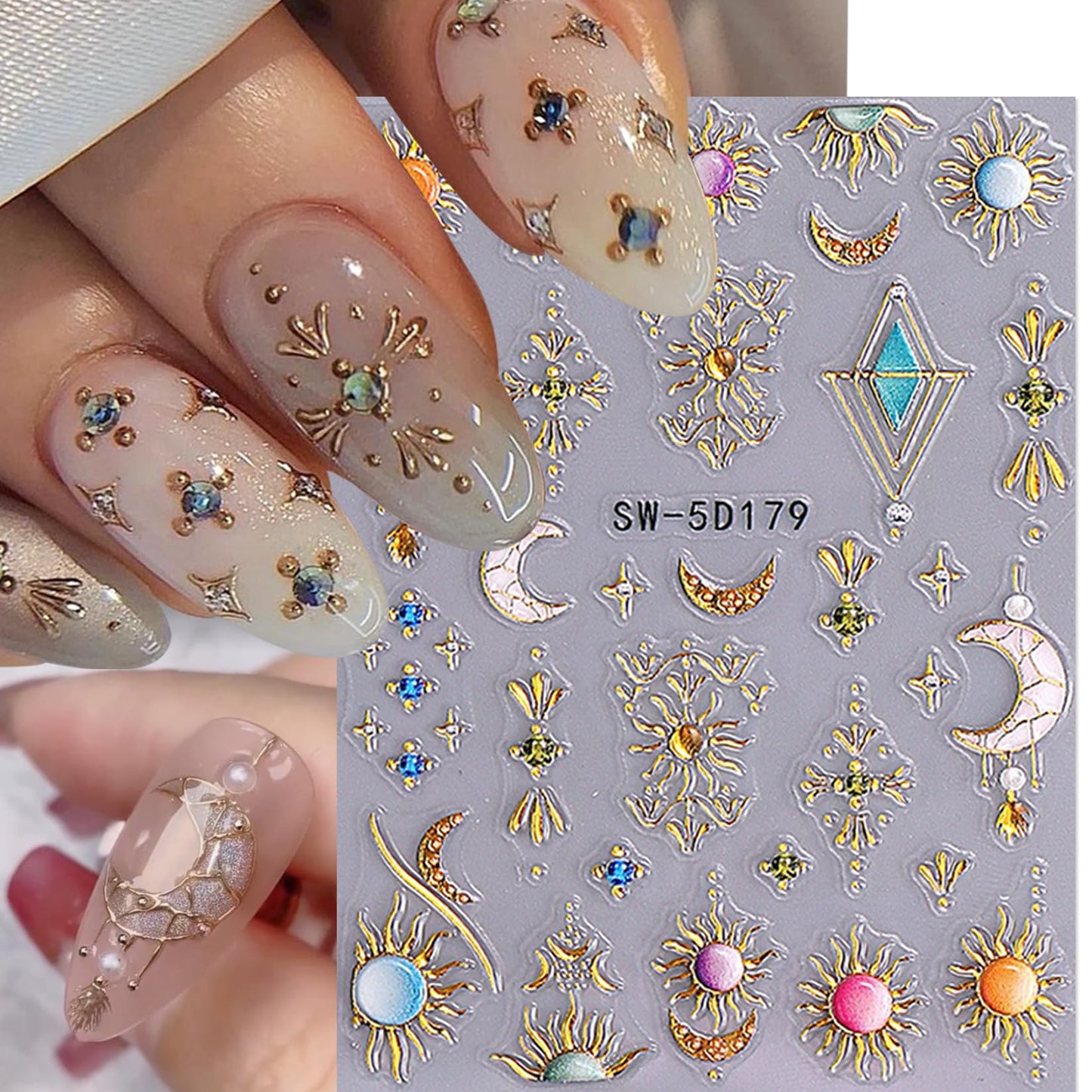 Sun Nail Stickers Decals 9 Sheets Bohemian Style Nail Art Stickers 5D/3D Embossed Self Adhesive Moon Star Heart Flame DIY Metallic Designs Gothic Decoration Supplies Nail Accessories for Women