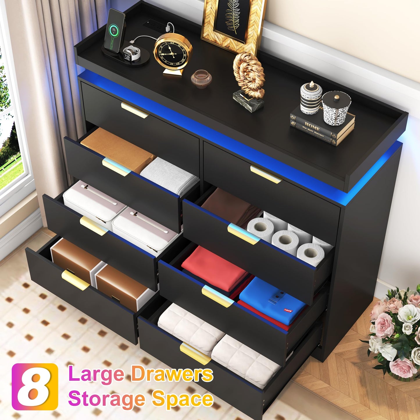 knoworld 8 Drawer Dressers for Bedroom, Black Dresser with LED Lights and Power Outlet, Wood LED Dresser, Double Wide Modern Chest of Drawers for Bedroom, Entryway, Hallway