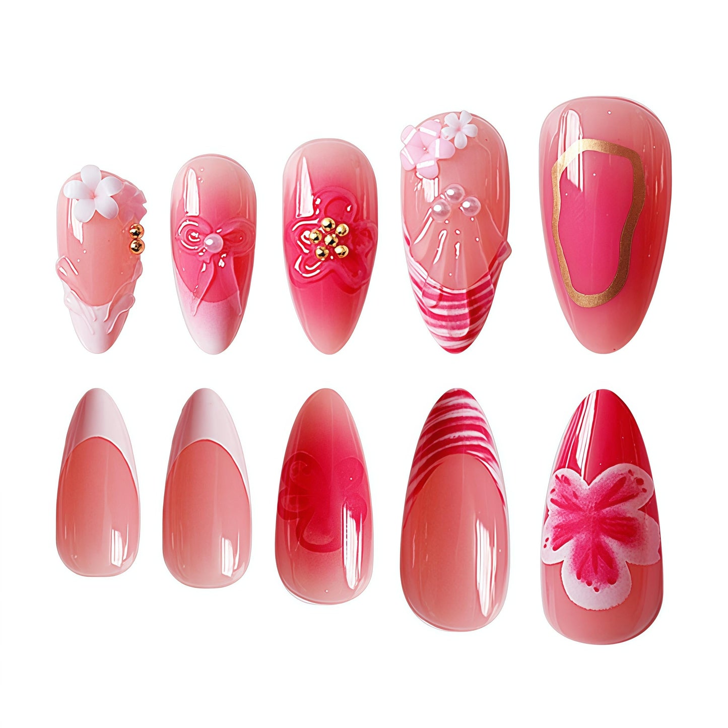 Long Press on Nails Almond Fake Nails Pink Acrylic Nail Press Ons Seeneey 3D Flowers and Gold Charm Designs Cute Stick on Nail for Women 24pcs