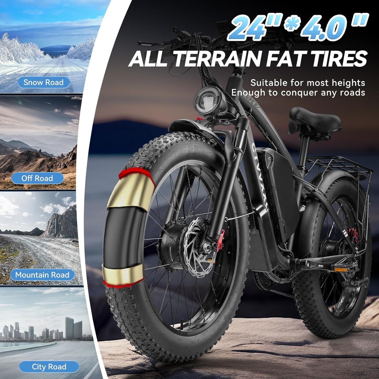 6000W Peak Dual Motor Ebike for Adults - 52V 34Ah Fast Electric Bike for Men Women 45 MPH,Up to 100 Miles,24" Fat Tire Lockable Suspension Electric Bicycle for Snow Off-Road Commuter Mountain E-Bike