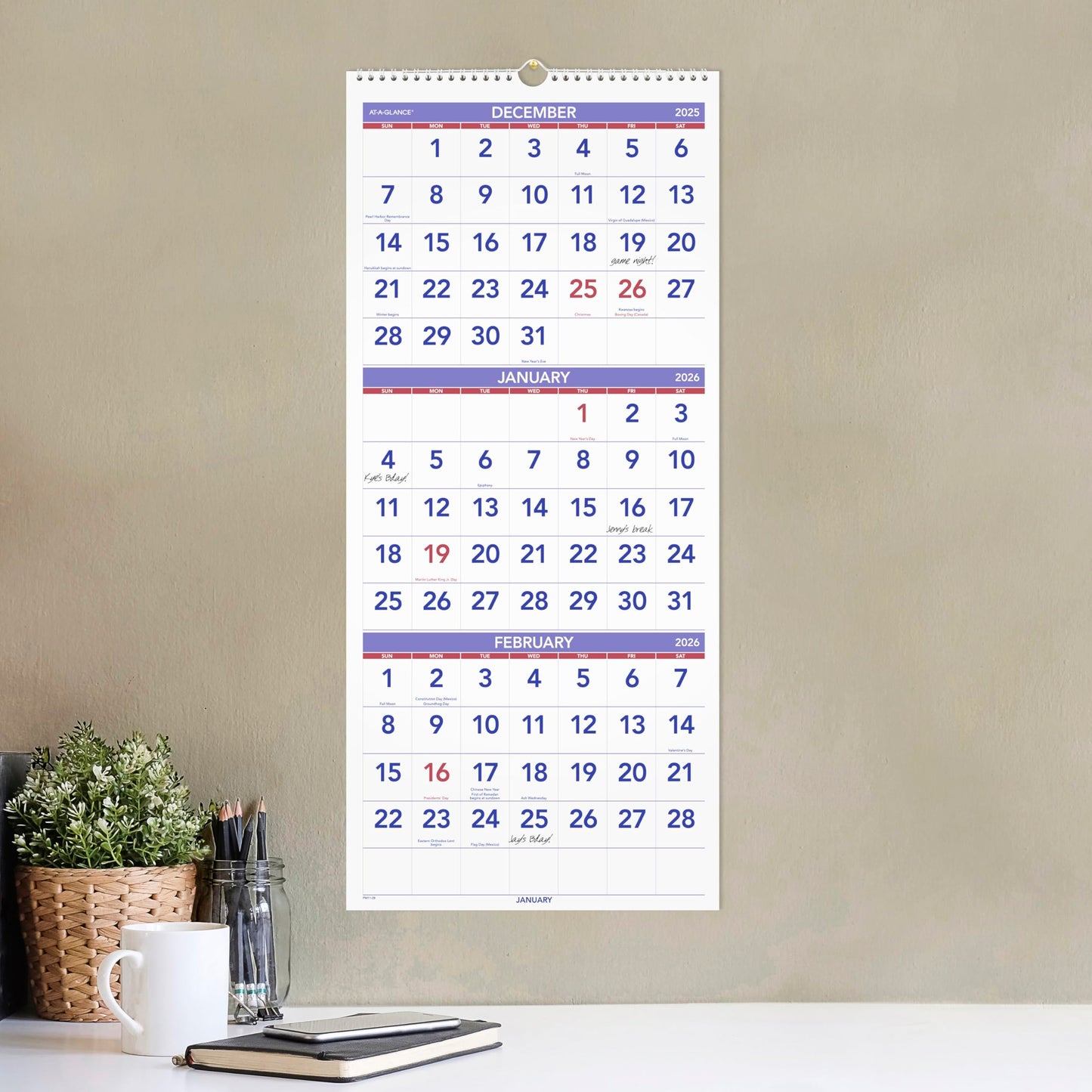 AT-A-GLANCE 2026 Wall Calendar, 12" x 27", Large, Vertical, 3-Month Reference (PM112826)