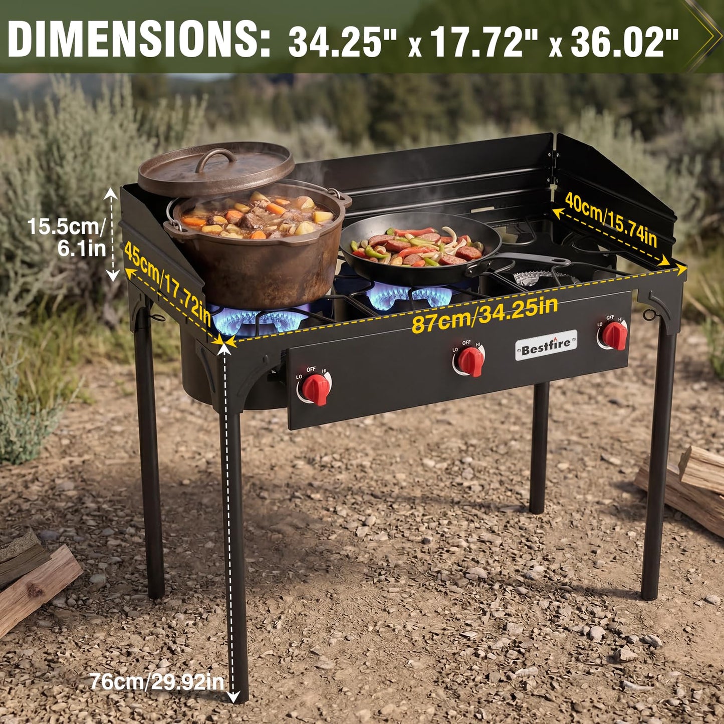 BSETFIRE 3 Burner Camping Stove, 225,000 BTU Propane Stove with Detachable Windscreen, 20 PSIG Regulator & Removable Legs for Outdoor Cooking, Canning & BBQ