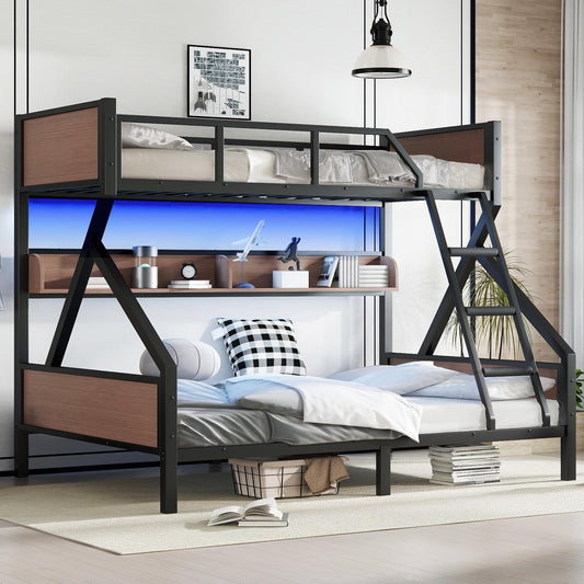 Bellemave Twin XL Over Queen Size Bunk Bed with Storage Shelves and LED Lights,Heavy Duty Adult Bunk Beds with Angled Ladder,Metal Queen Bunk Bed,Black