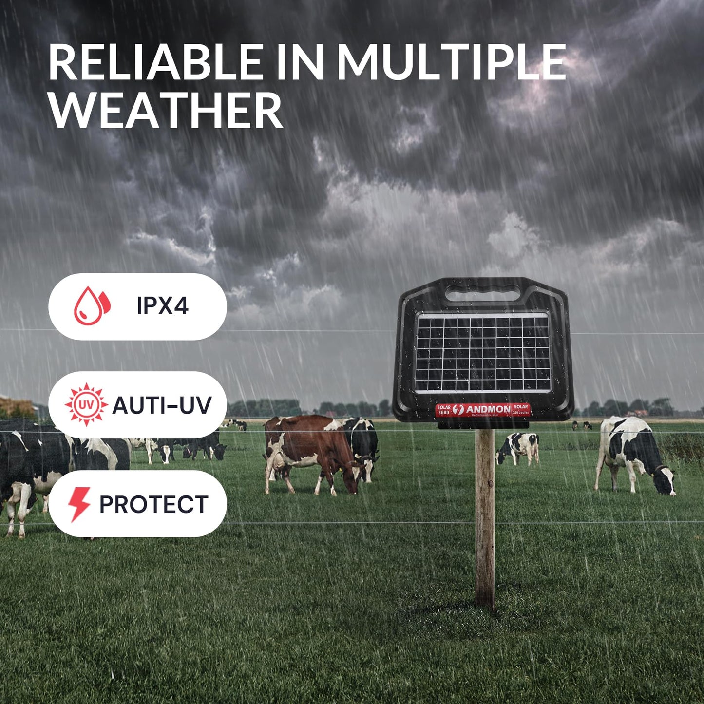 ANDMON S700 35 Miles Solar Fence Charger, 0.76 Joule Solar Electric Fence Charger for Livestock, Horses, Cattle Sheep, Solar Powered Electric Fence with Dual Input, Easy Installation