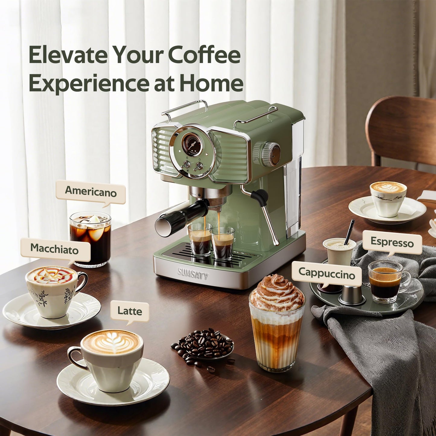 SUMSATY Espresso Machine 20 Bar Espresso Maker with Milk Frother Steam Wand, Professional Expresso Machine for Home Cappuccino & Latte Maker, Retro Coffee Maker with 61oz Water Tank, Matcha Green