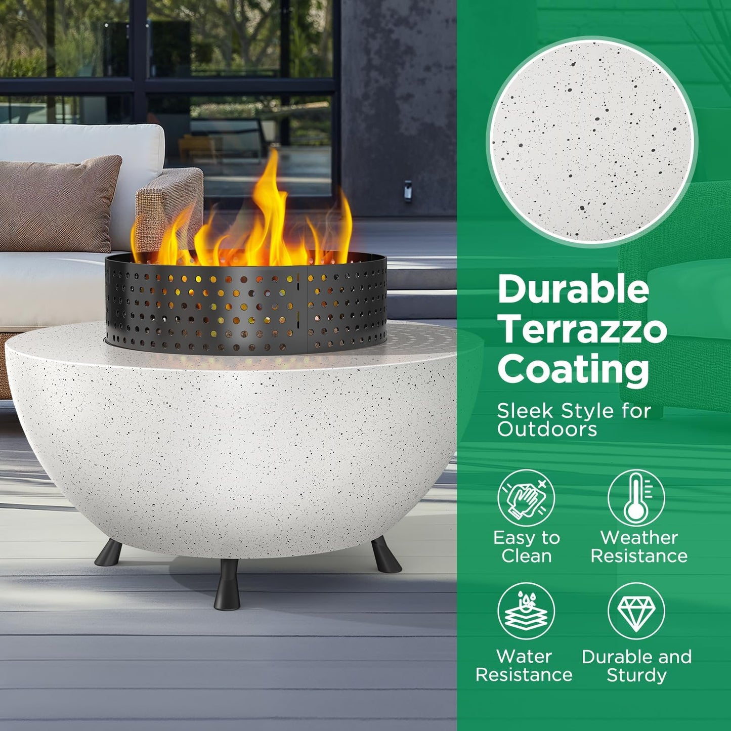 Silonn 29″ Propane Fire Pit Table with Windproof Guard, 50000 BTU Fire Pit Table, CSA-Certified, Outdoor fire Table with Durable Terrazzo Coating/Lava Rocks/4 Stable Adjustable Legs, Garden, White
