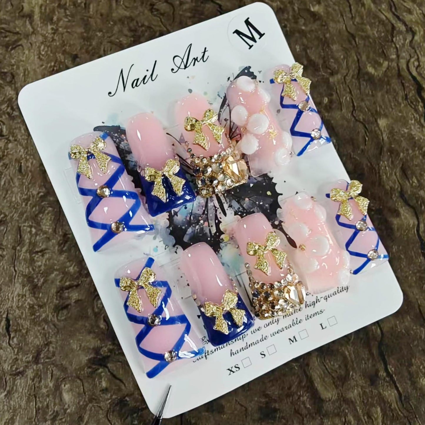 10Pcs Press on Nails Long Duck Handmade Fake Nails Blue French 3D Gilded Bow False Nails with Rhinestones Designs Reusable Artificial Luxury Acrylic Nails Press ons for Women Manicure (Size M)