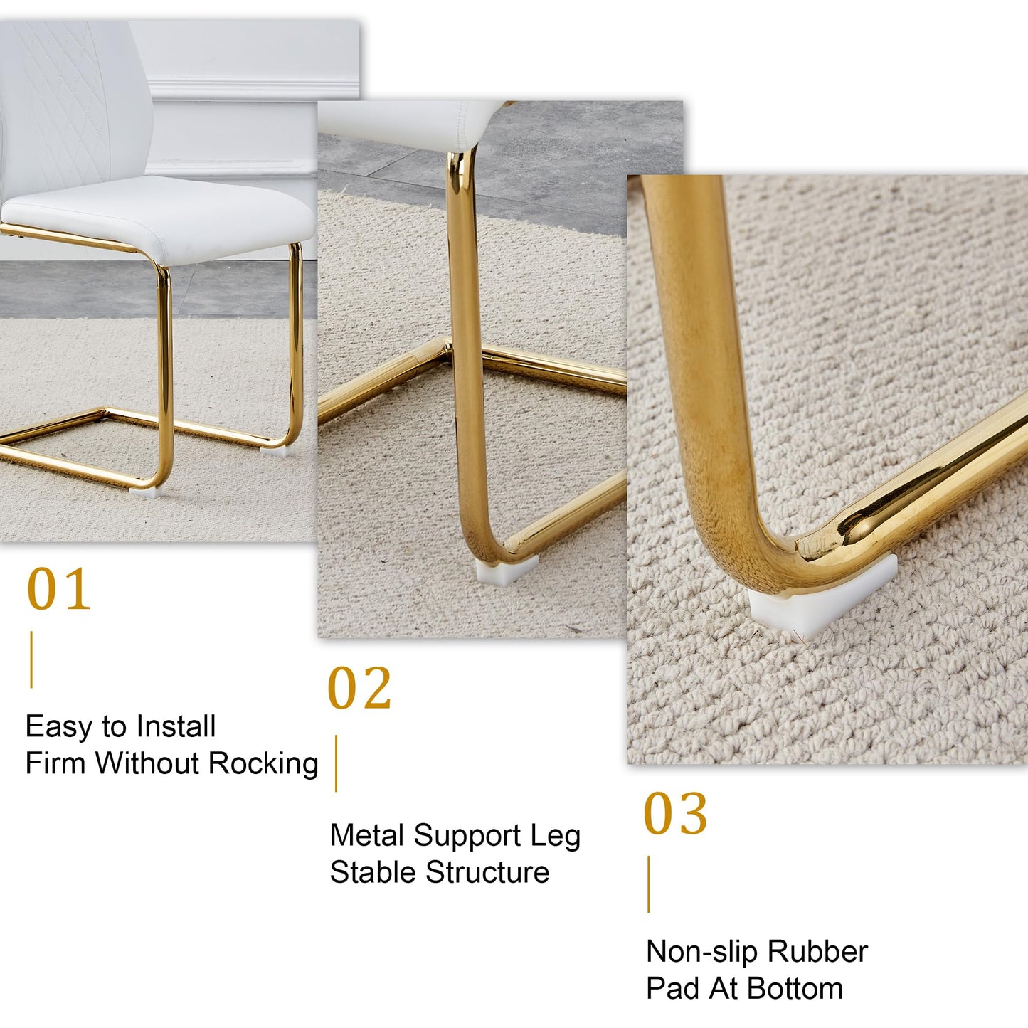 JEARGE Glass Dining Table Set for 6, Modern Kitchen Table Set for 6, 71" Tempered Glass Tabletop with U-Shaped Gold Base, 7 Ppiece Large Dining Room Table Set with White PU Leather Chairs