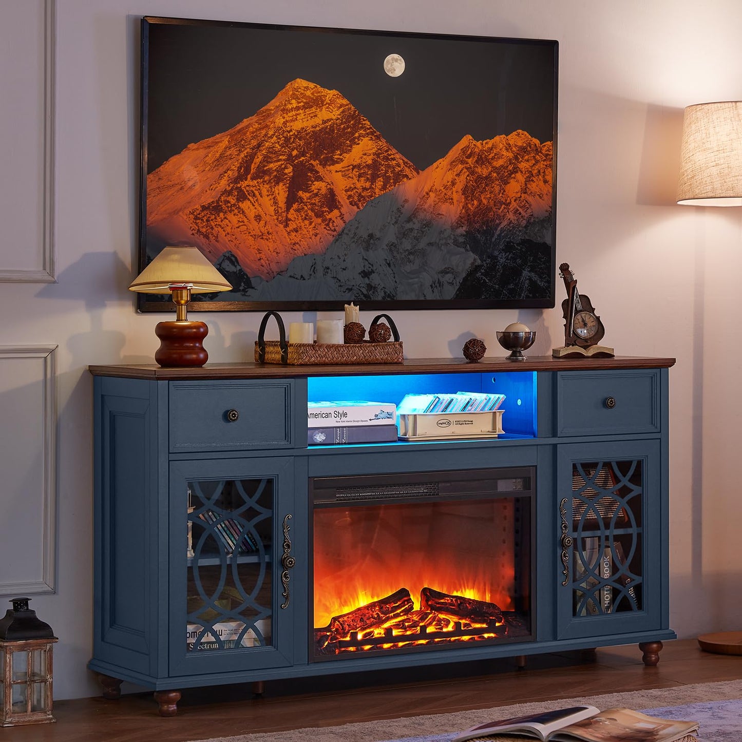 Joaxswe Farmhouse Fireplace TV Stand, 59" Entertainment Center with Electric Fireplace & LED Lights for TVs up to 65'', Glass Door Fire Place TV Stands for Living Room, Media Console w/Drawers, Blue