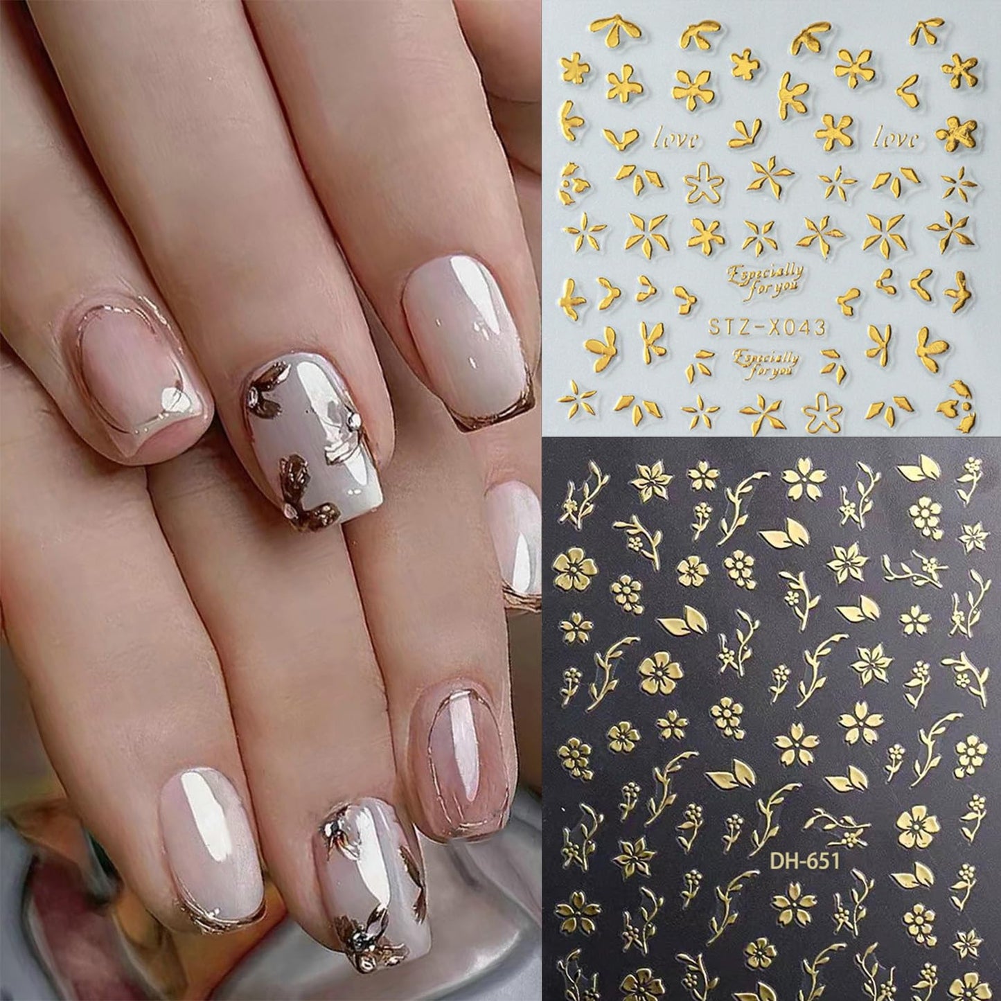 8pcs Gold Flower Leaf Nail Art Stickers 3D Self-Adhesive Metallic Nail Decals Floral Butterfly Nail Art Supplies Rose Gold Silver Petal Leaves Designs DIY Acrylic Nail Decorations for Women