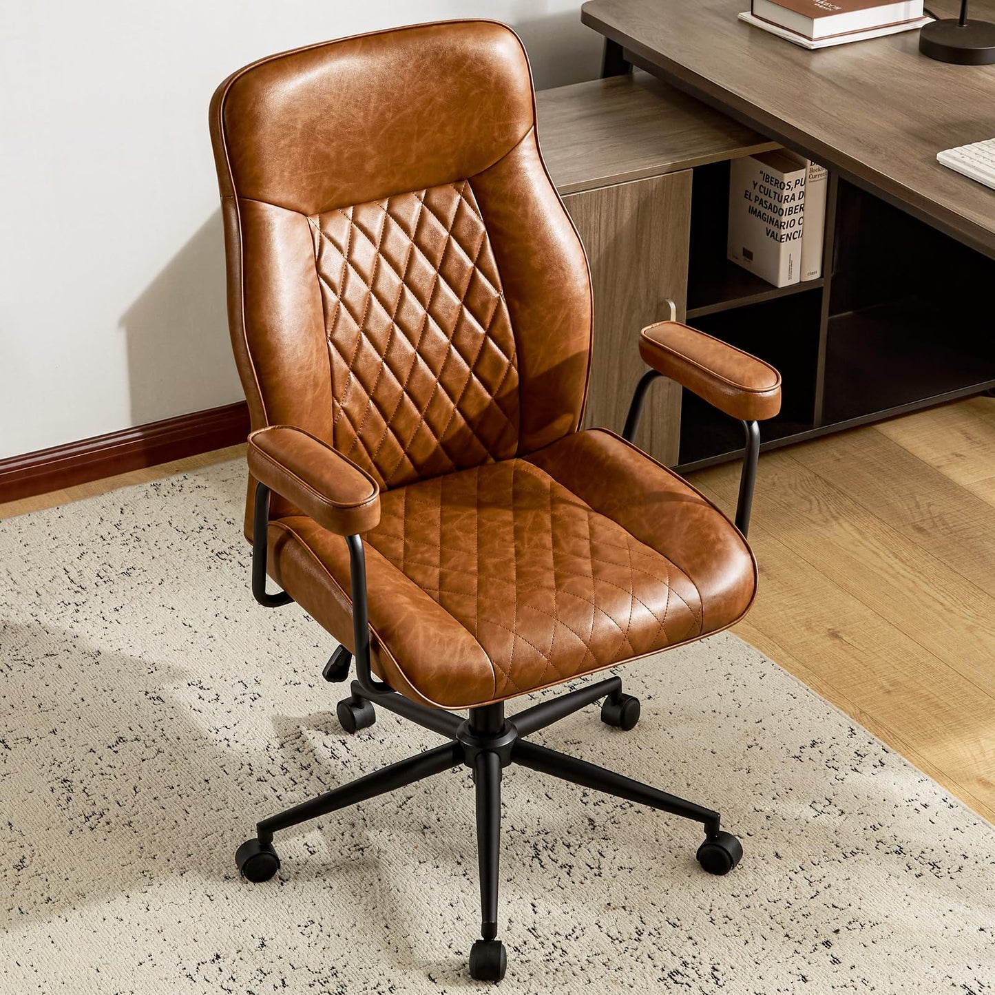 Furnistyle Leather Home Office Desk Chairs, Comfy Office Chair, Mid Century Modern Office Chair with Lumbar Support, Mid-Back Adjustable Swivel Computer Chair with Wheels and Arms, Brown