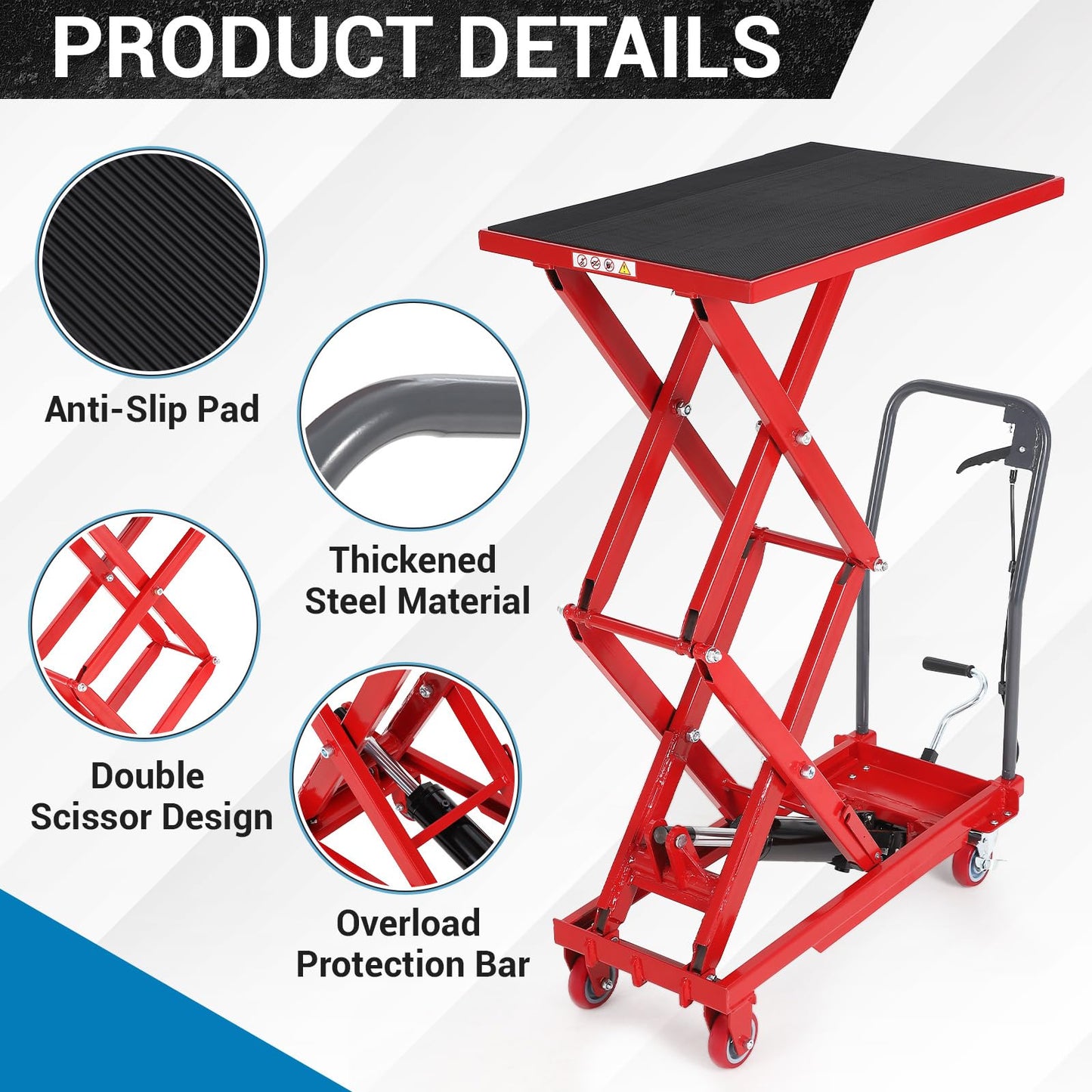 Hydraulic Lift Table Cart, 330lbs Capacity 50" Lifting Height Hydraulic Table Cart, Double Scissor Lift Table with Non-Slip Pad for Material Handling and Transportation, Red