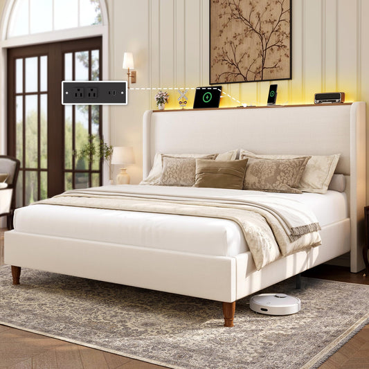 LARMACE Queen Size Bed Frame with LED Lights and Charging Station Linen Upholstered Platform Bed Frame with 51.2" Tall Headboard Wingback and Storage Shelf, No Box Spring Needed, Noise Free, Beige