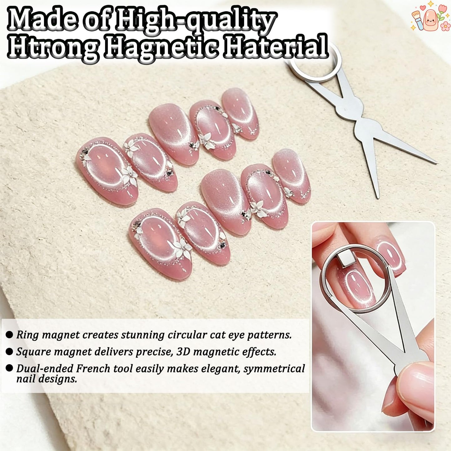 New Ring-Shaped Cat Eye Magnet for Nails, Hollow Cat Eye Magnet, Cat Eye Magnet Ring, Y & Rings Magnet(Wide Beam, Heart, French), Portable Hollow Circular Cat Eye for Home Salon DIY Manicure (1 Set)