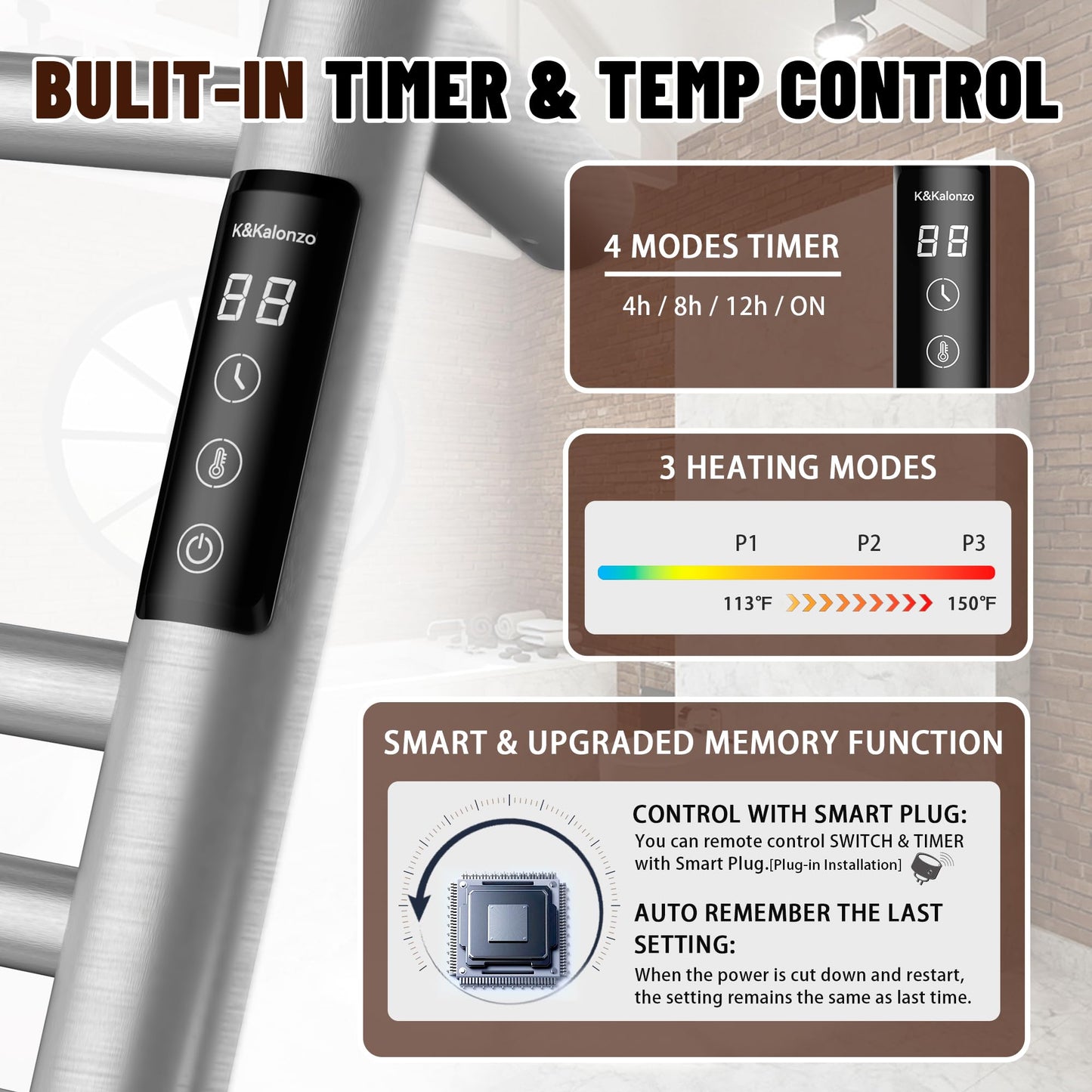K&KALONZO Towel Warmer for Bathroom, Wall-Mounted 9-Bar Heated Towel Rack with Built-in Timer, Waterproof Electric Towel Heater, Support Plug-in and Hardwired, Brushed, EL13S