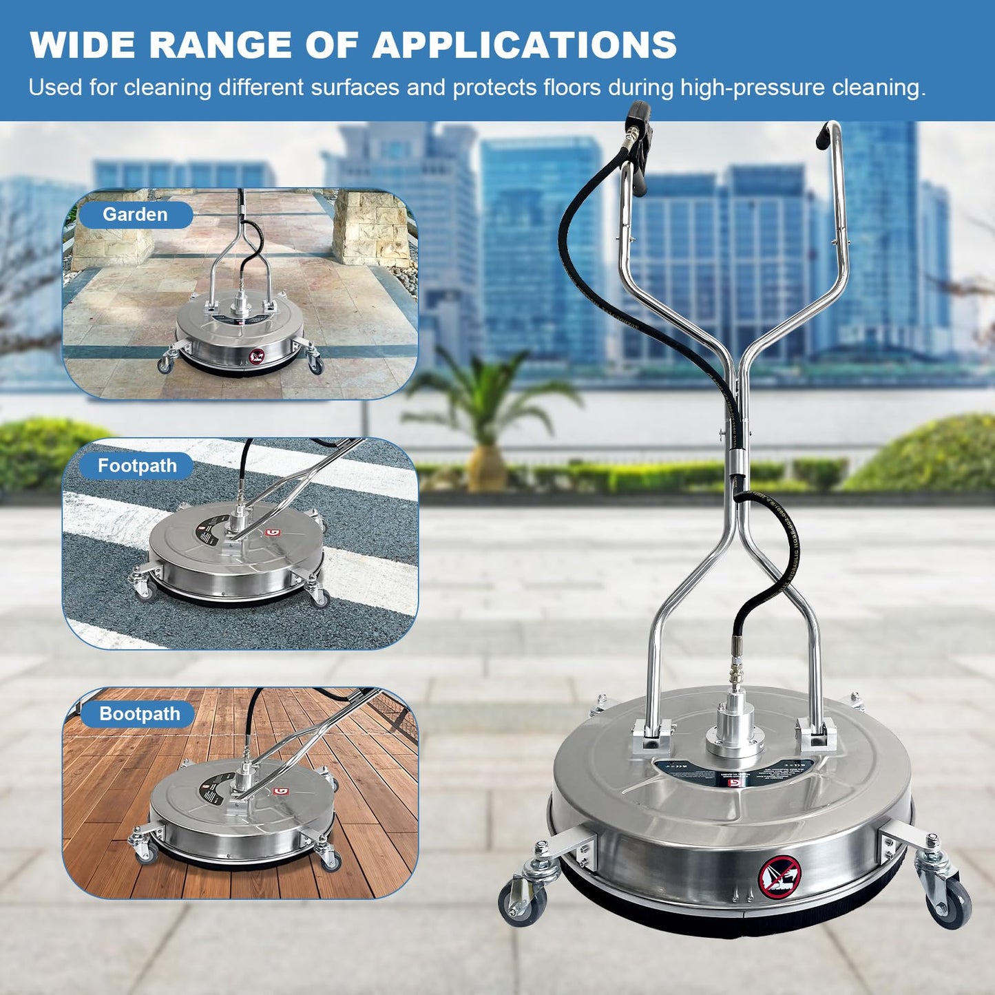 30'' Pressure Washer Surface Cleaner with 4 Wheels, 5200PSI Stainless Steel Dual Handle Surface Cleaner, Power Washer Surface Cleaner for Concrete, Driveways, Sidewalks,Patios,Decks Cleaning