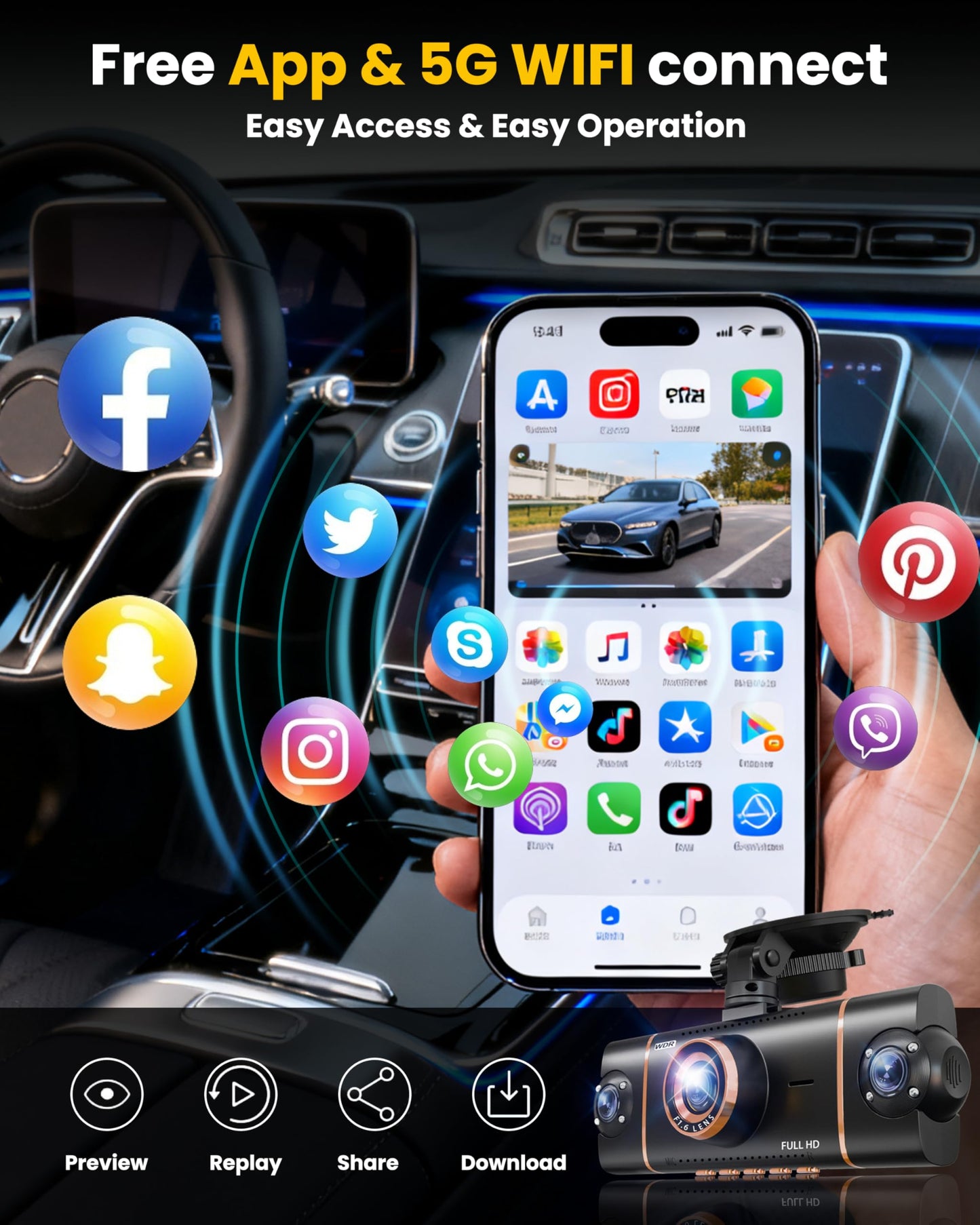 4 Channel 360° Dash Cam Front Rear Inside & Left Right,4K+1080P*3 FHD Car Camera,5GHz WiFi & App Control,8 IR Lamps Night Vision,24H Parking Mode,G-Sensor,Loop Recording,Includes 64GB SD Card（Black）