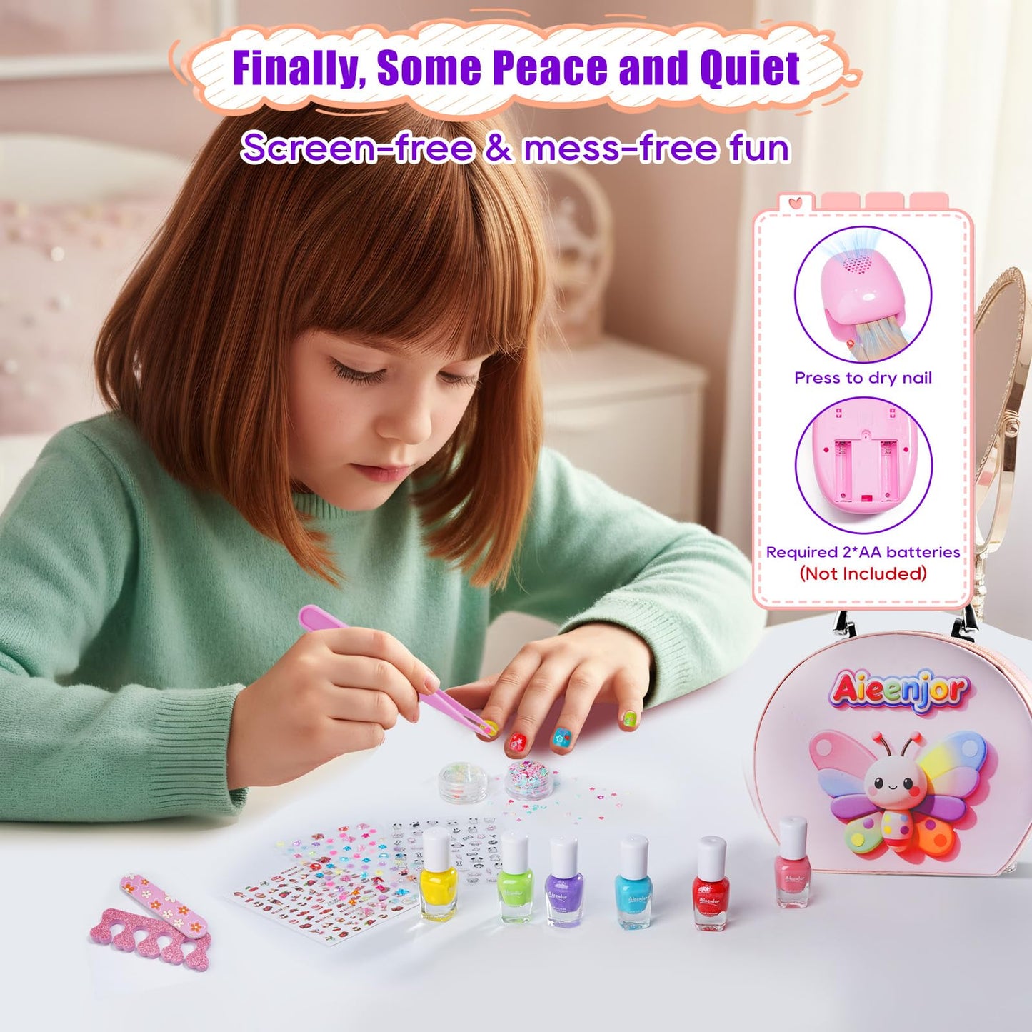Aieenjor Kids Nail Polish, Toddler Nail Polish, Washable Non-Toxic Girls' Nails Kit with Dryer, DIY Manicure Studio with Stickers & Gems, Perfect Birthday & Party Gift for Girl
