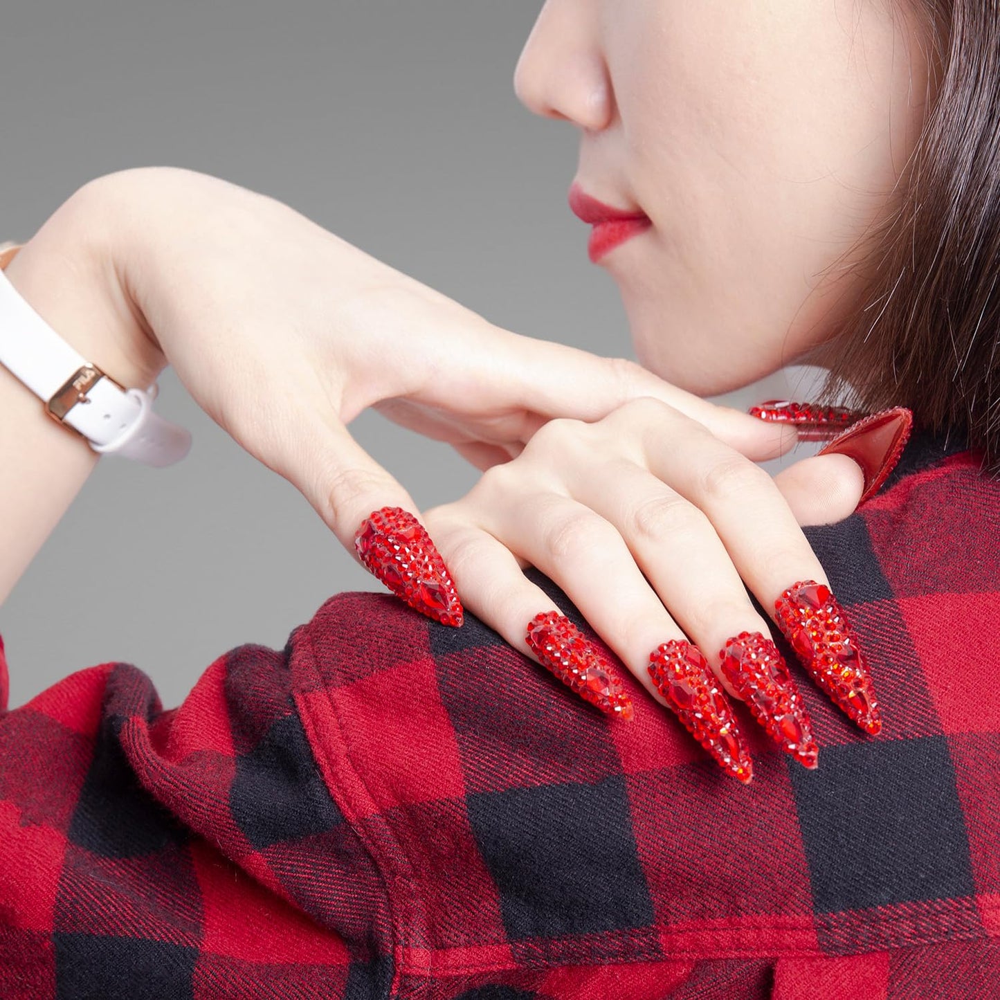 LOVFUL Press on Nails Flaming Luxury Red Stiletto | Handmade with Full Covered Crystals| Reusable Fake Nails | Stiletto Mid Length 1.7 in | H39-M