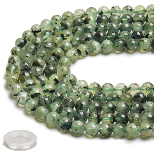 70PCS Natural 8MM Healing Gemstone, Prehnite Energy Stone Round Loose Beads, Semi-Precious Crystal Beads with Free Elastic String for Jewelry Making DIY
