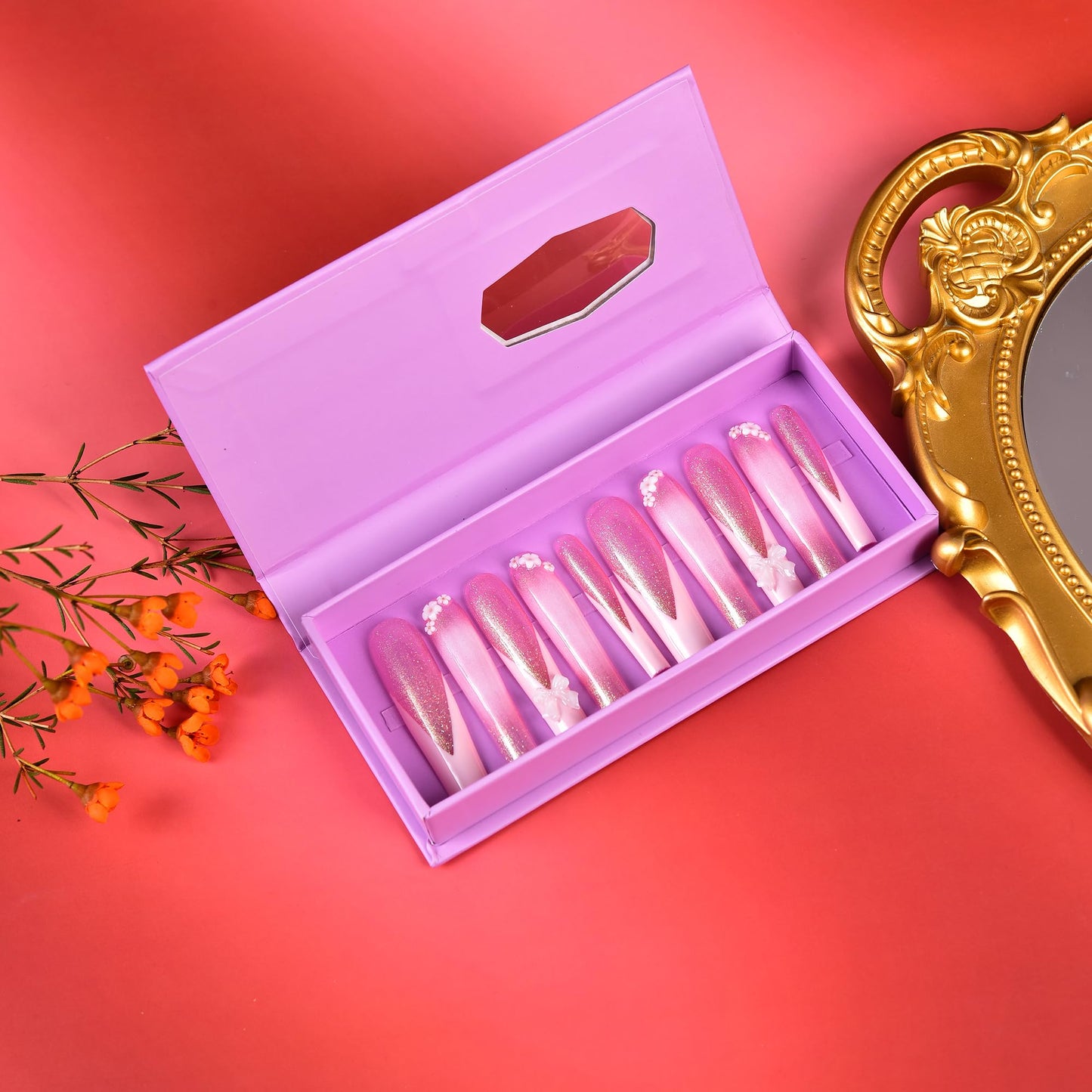 Tmani 10pc/set Extra Long Handmade Press On Nail Hot Girl's Long Ballet Square Nail Full of Diamond Glitter Decoration Fake Nails Suitable For Girls Festival Parties and Birthday Gift（123,Size-S)