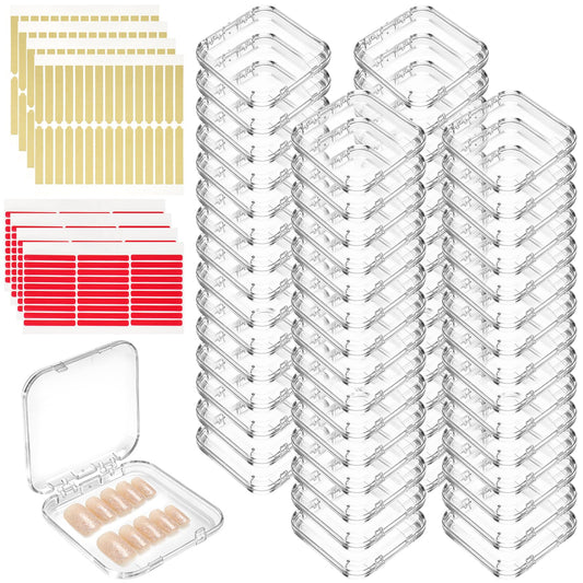 60 Sets Press On Nail Storage Box with Double Sided Adhesive Tapes, 3x3 Inch Clear Artificial Nail Display Case Reusable Nail Packaging Box Organizer for Salon, Technicians, Manicure Enthusiasts