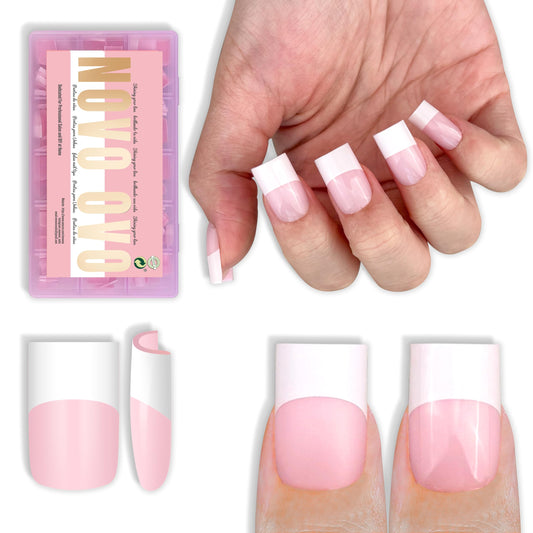 NOVO OVO Old School Wide White French Short Sharp Square Tip Nail Tips Press on MILKY PINK, Need Builder Gel Top Coat Nail Glue, Soft Gel Full Cover Fake Nail Extension, for DIY x 15 Sizes 240 pcs
