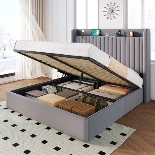 SHA CERLIN Queen Size Lift Up Storage Bed Frame with Charging Station/USB,Type-C Port/Storage Headboard/Velvet Upholstered/Hydraulic Support/No Box Spring Needed/Noise Free/Gray