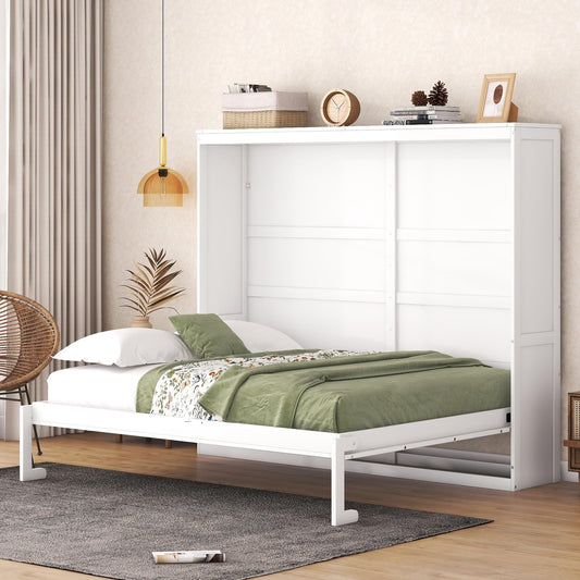 Ball & Cast Murphy Bed Queen Size,Farmhouse Murphy Cabinet with Storage Shelf,Wood Hidden Wall Bed,Foldable Platform Bed,Space-Saving,No Box Spring Needed,White