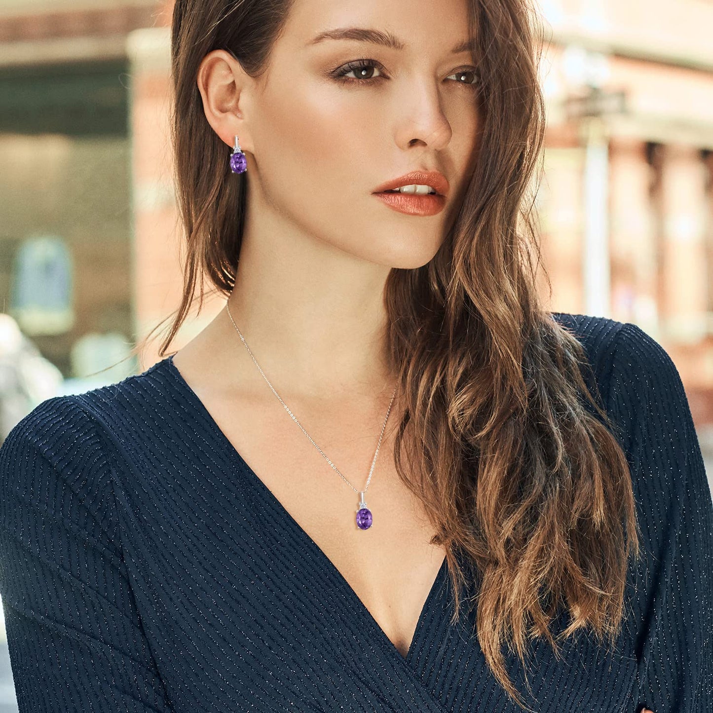 Gem Stone King 5.06 Ct Oval Purple Amethyst White Topaz 925 Sterling Silver Pendant and Earrings Jewelry Set