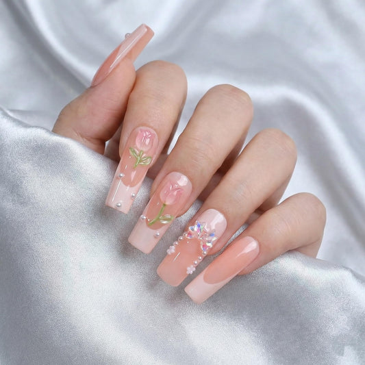 Long Press on Nails Square Fake Nails French Artificial Nail Seeneey Pink 3D Flowers Butterfly Bow Rhinestones Stick on Nail for Women 24pcs