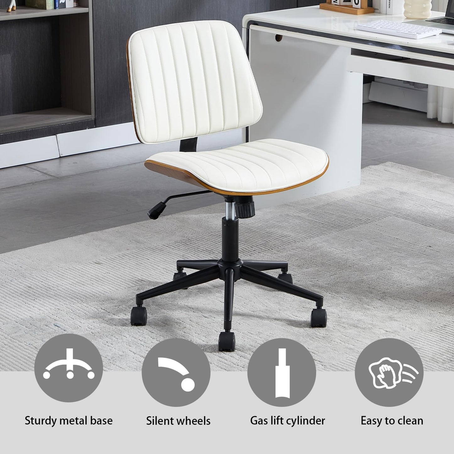 VipDesk Small Home Office Chair - Armless Mid Back Desk Chair with 360° Swivel and Wheels, PU Upholstered Height Adjustable Modern Walnut Computer Chair for Home, Office Meeting Room - Black