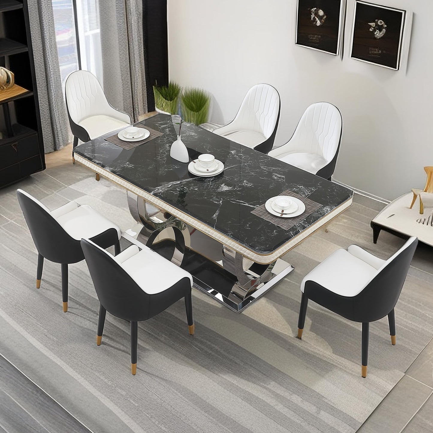 Legendstone 79" Marble Dining Table Set for 6, Modern Kitchen Table with Double-Circle Shaped Stainless Steel Base, Luxury Black Dining Set with 6 Black-White Dining Chairs for Home, Kitchen