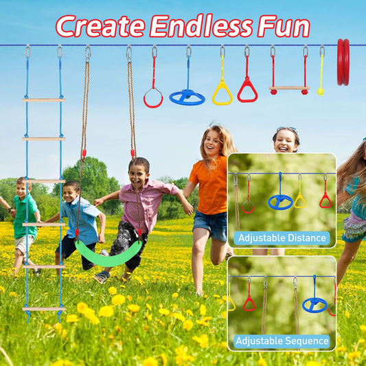 Ninja Warrior Obstacle Course for Kids, 65 FT Durable Slackline with 13 Obstacles-Swings, Monkey Bars, Arm Trainers and More, Weatherproof Outdoor Obstacle Course for Backyard, Gym, Field，3+ Years Old