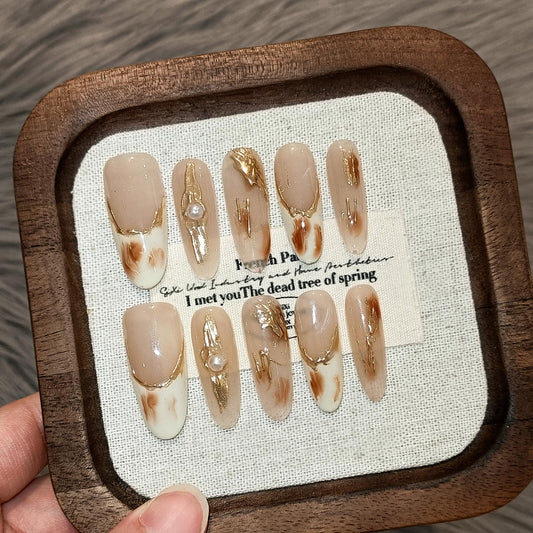 TENPAL Maillard Press on Nails Almond Shape French Tips Nails With Gold Foli Fake Nails With Glue Handmade Acrylic Glossy Soft Gel Light Brown Nails Press ons For Women Girls 10pcs/Box(S)