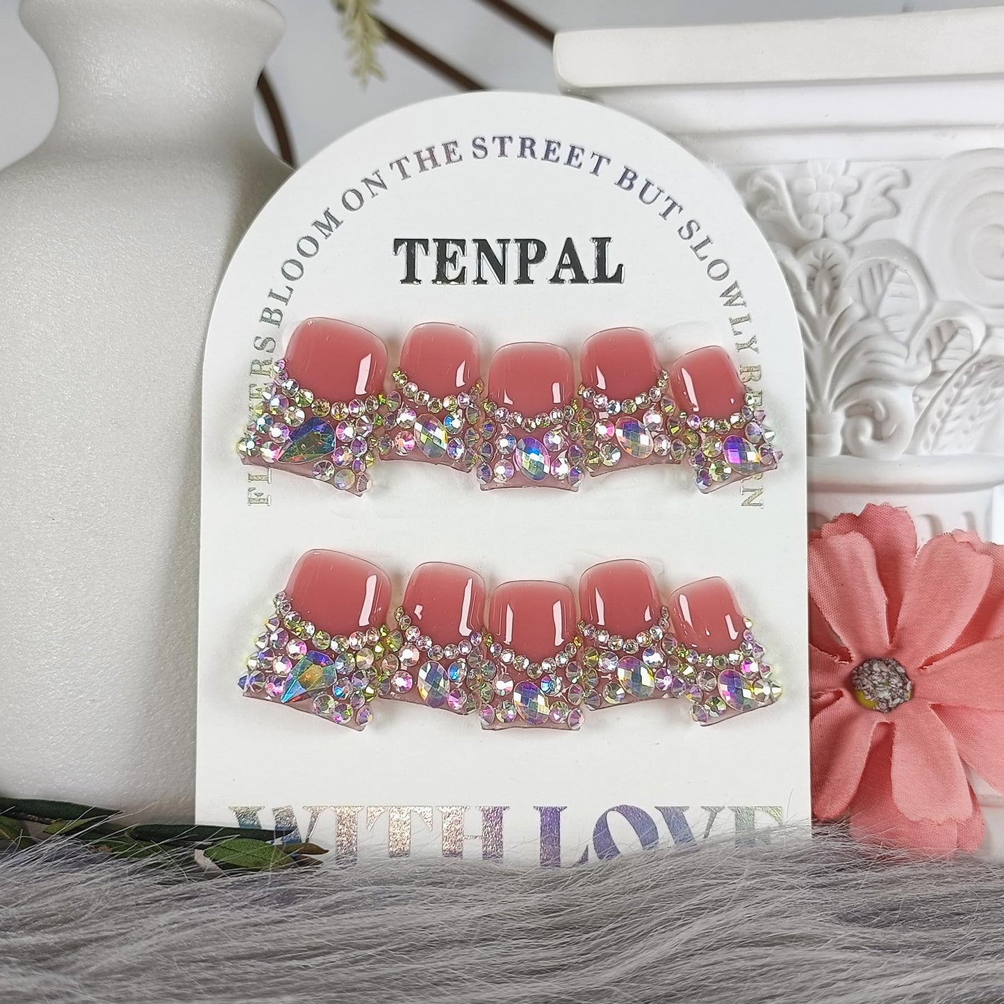 TENPAL 10Pcs Handmade Coffin Nails Kits,DuckBill Press On Nails With Tools,Icy Pink French Tip Fake Nails with Full Crystals Designs,Glitter Edgy Sweet Cool Acrylic Glue on Nails Short for Party(S)