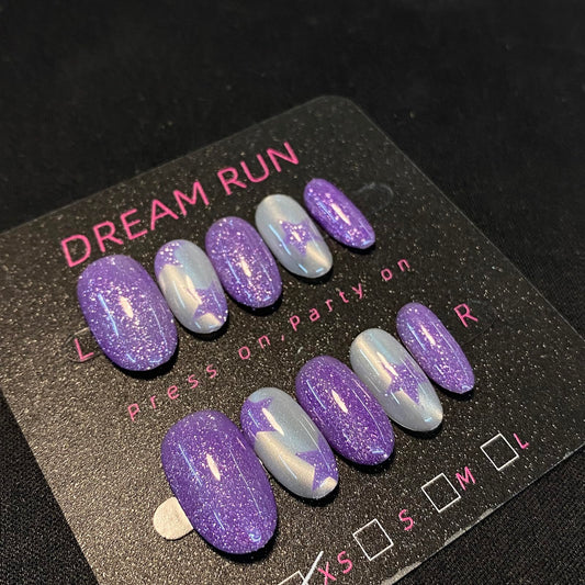 DreamRunNails Handmade Press on Nails, Purple Glitter and Opalescent French Tip, Medium Almond Shape, Reusable Glossy Acrylic Fake Nails for Women, Bridal Wedding Daily Wear