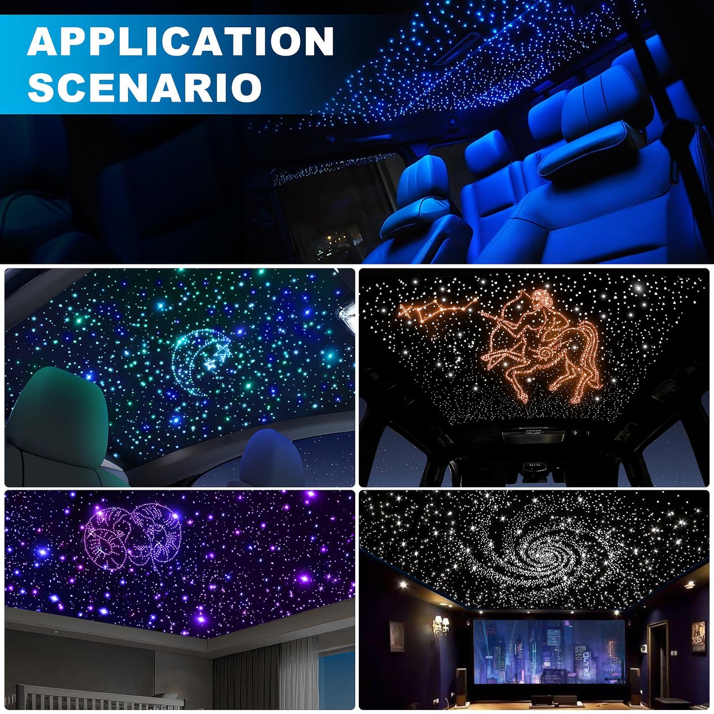 4 Colors 32W Twinkle Car Starlight Headliner Kit 800pcs*0.03in*13.1ft with APP&RF Remote, RGBW Fiber Optic Ceiling Star Lights, 4 Port Engine Sound Activated Star Roof Lights for Car Home Theater
