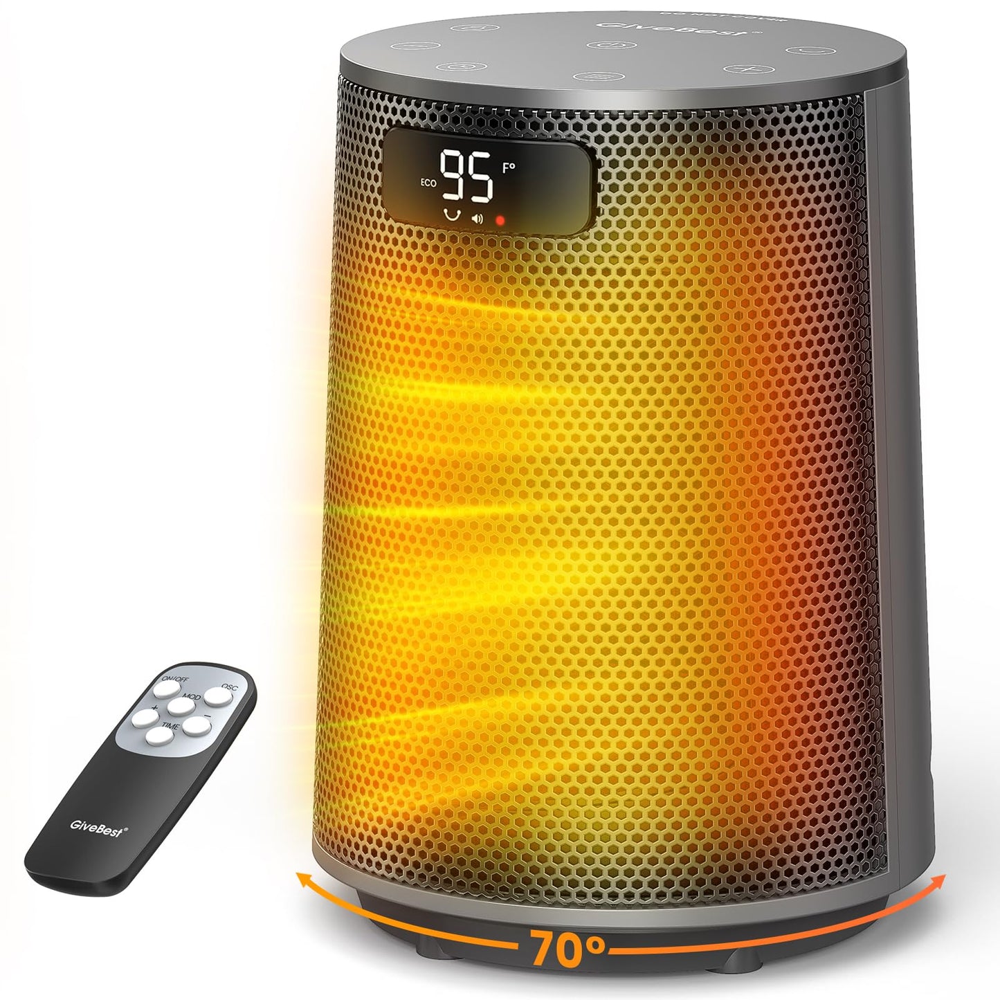 GiveBest Space Heater, Electric Portable Heaters for Indoor Use with Thermostat and Remote, 70°Oscillation, Digital Display, 12H Timer, 1500W PTC Ceramic Fast Safety Heat for Office Bedroom Home, Grey