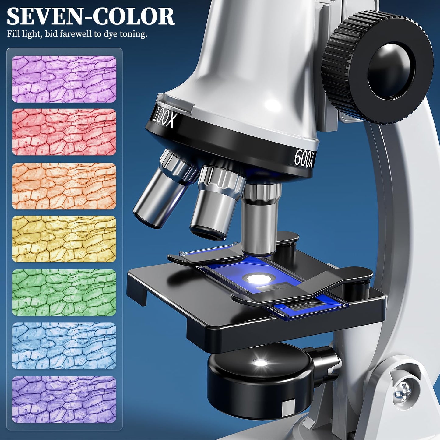 Novaluki 65 Pieces Microscope Kit for Kids Ages 5-7 8-13, 100X-1200X Magnification with 7 Colors of LED Lights and 12 Prepared Slides, Science Experiment STEM Kits for Boys and Girls Age 8-12 Years