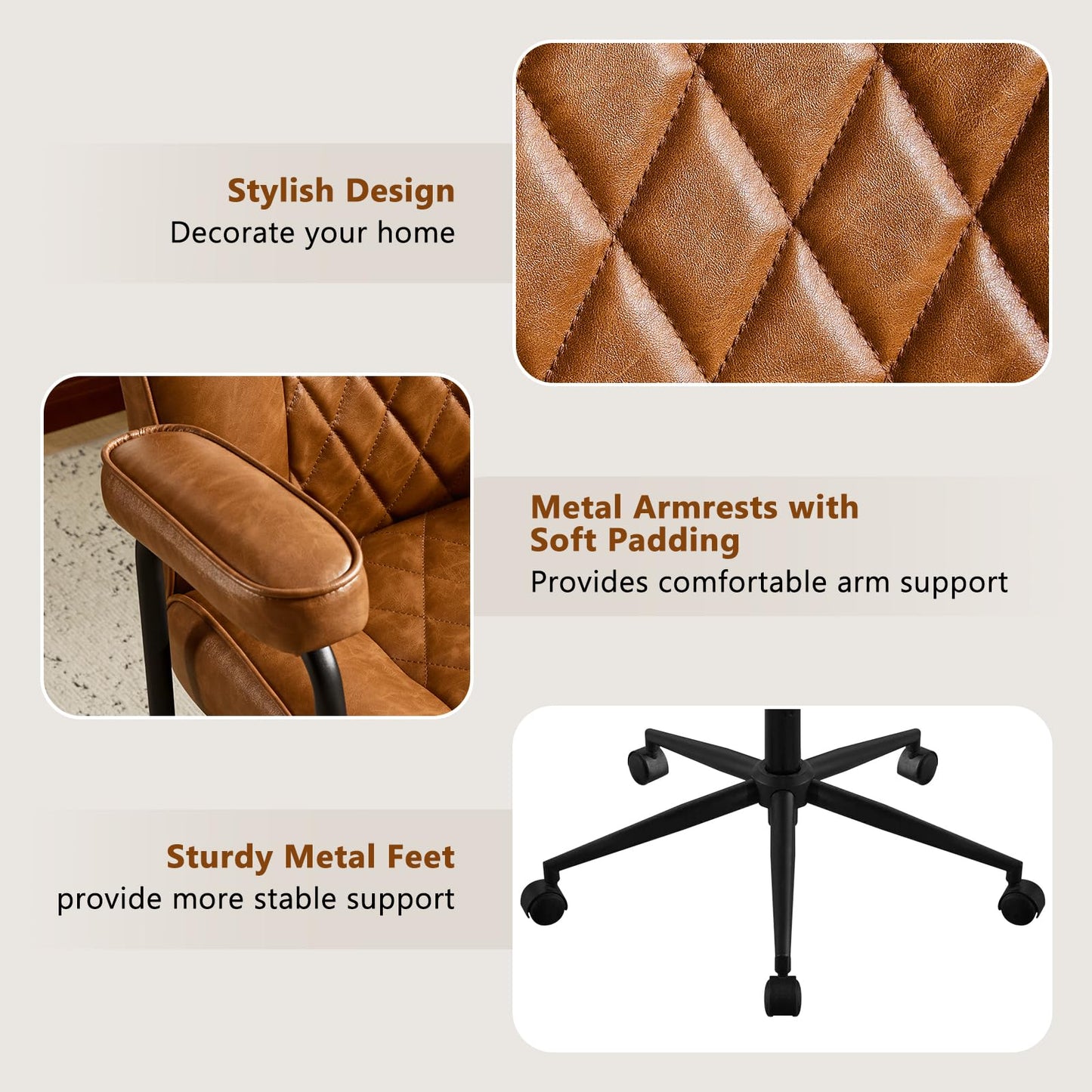 Furnistyle Leather Home Office Desk Chairs, Comfy Office Chair, Mid Century Modern Office Chair with Lumbar Support, Mid-Back Adjustable Swivel Computer Chair with Wheels and Arms, Brown