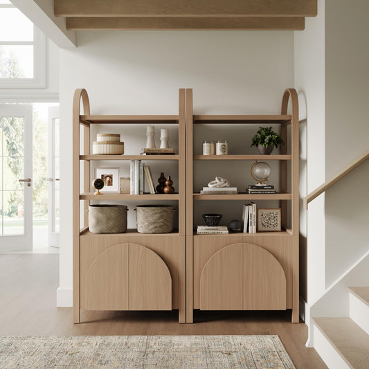 Nathan James Iris 3 Tier Bookshelf, Arched Bookcase Cabinet, Solid Wood Bookcase with Cabinet Base, Boho Bookshelf in Raw Oak Finish, Set of 2
