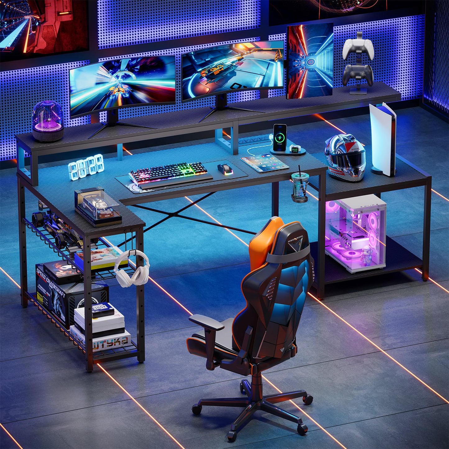 Bestier LED Gaming Desk with Power Outlets, 71 inch L Shaped Computer Desk with Monitor Stand, Large Desk with Printer Stand Adjustable Shelf, Cup Holder & Hooks, Home Office Desk Black