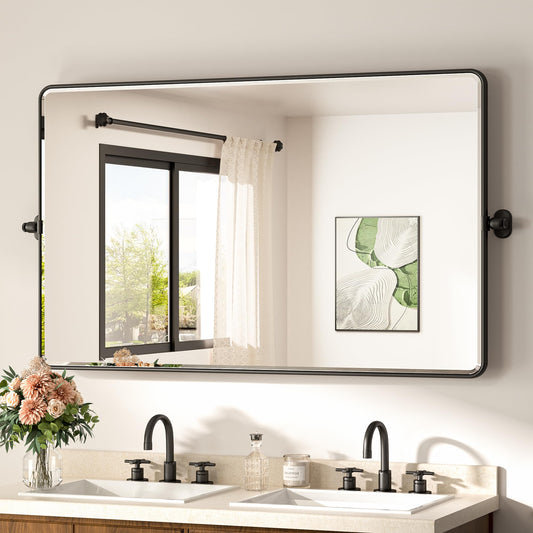 TETOTE Black Pivot Bathroom Mirror 48 x 30 Large Tilting Wall Beveled Mirror, Metal Framed Rectangle Vanity Mirror, Modern Farmhouse Adjustable Tilted Mirror, Horizontal/Vertical, Tempered Glass