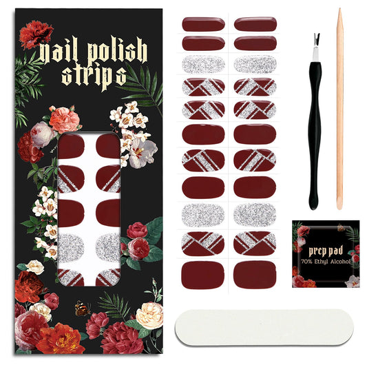 ruyeefam Nail Polish Strips (No UV Lamp Needed) - 22 Pcs Salon Quality Gel Nail Stickers - Long Lasting Wraps (Silvered Wine)